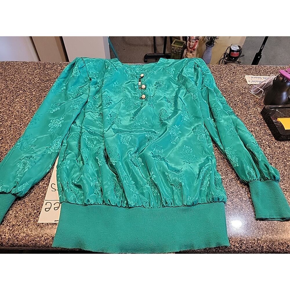 Vintage Retro Leni Leni Teal Blouse Floral Shoulder Pads Size 10